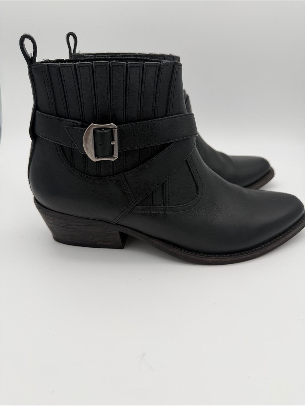 All Saints Western Style Ankle Booties Black Leather Boots Belt Sz 8 Pointed Toe - Picture 3 of 16